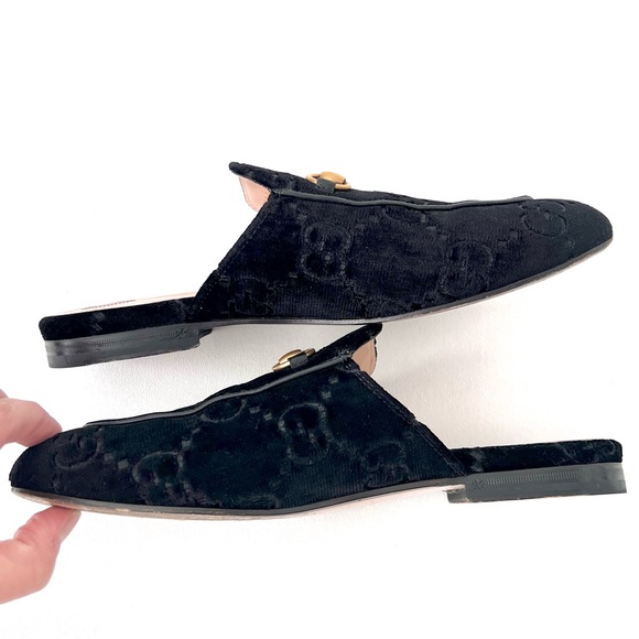 GUCCI | Princetown Black Velvet Monogram GG Logo Horsebit Loafer Slide US 7 - Picture 10 of 11